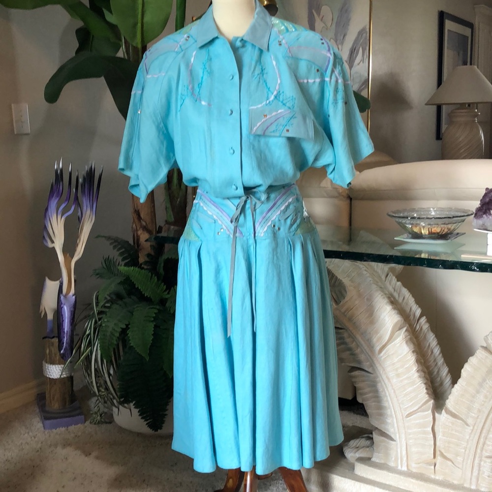 Sz 8 Lillie Rubin Teal Linen/Leather 2 Pc Vintage